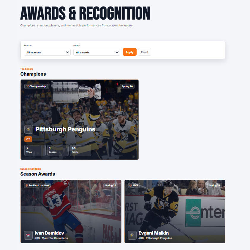 leaguearc awards and recognition page showing champions and season awards