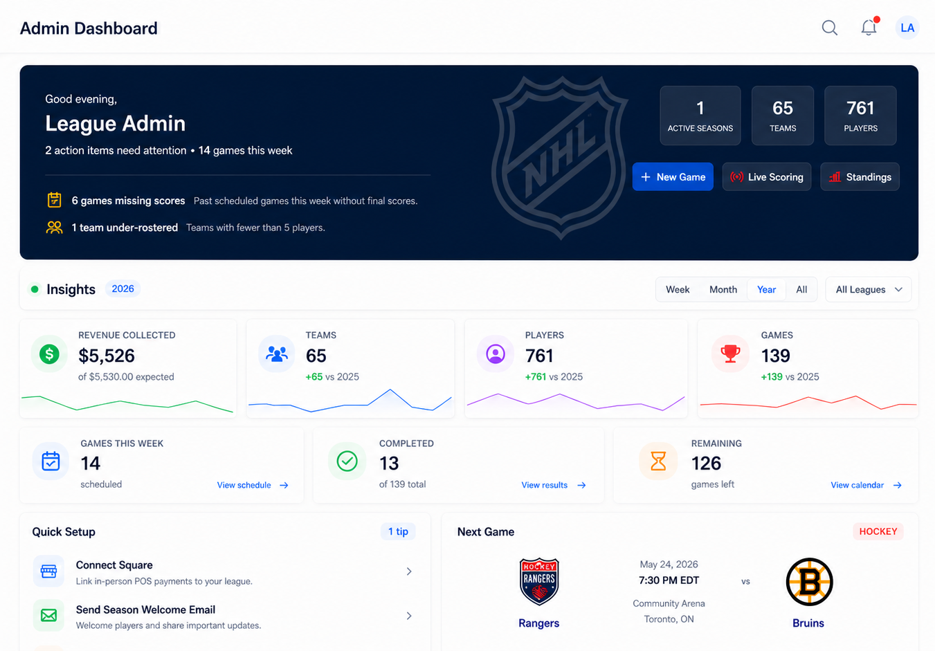 leaguearc admin dashboard with action items, insight cards, and the next game panel