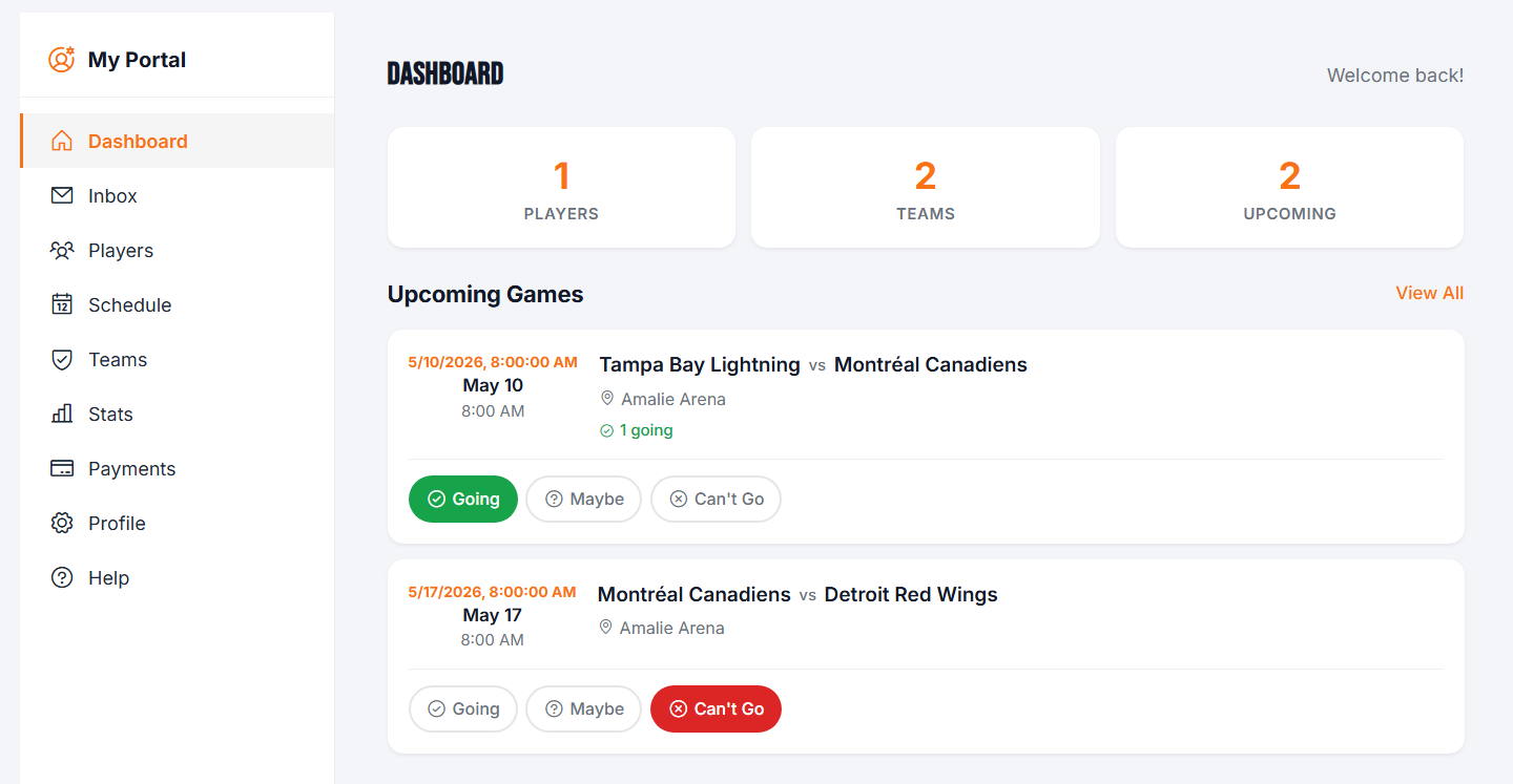leaguearc player and parent portal with upcoming games and RSVP buttons