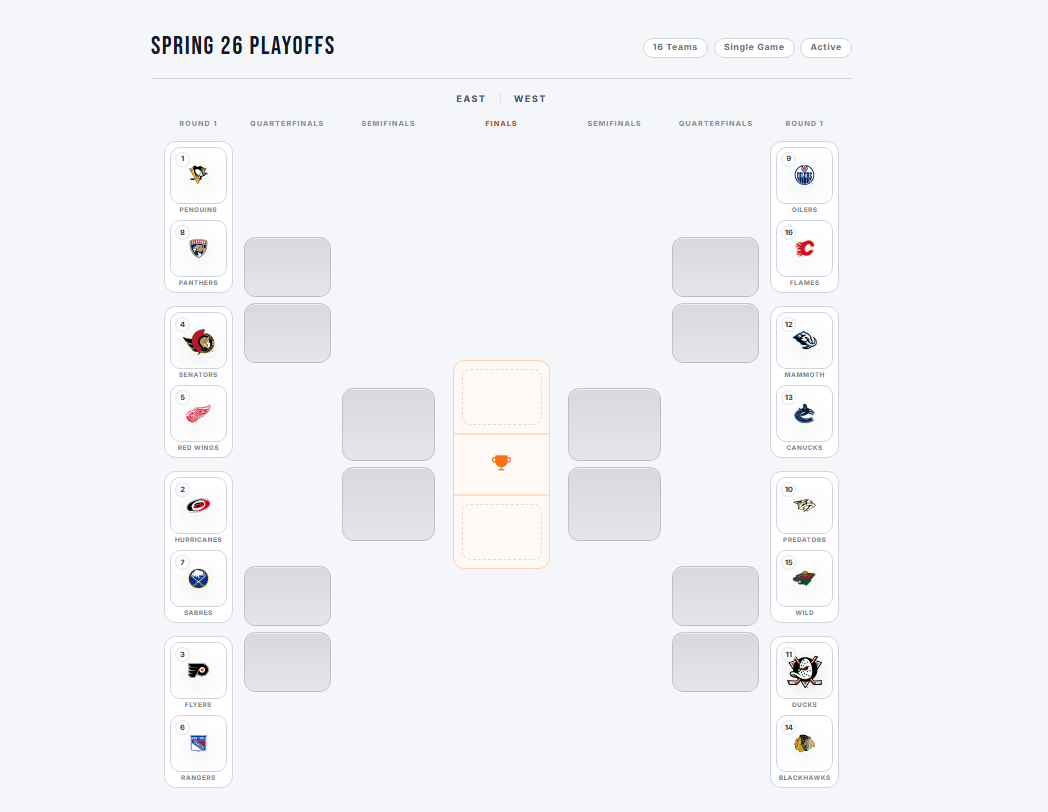 leaguearc public playoff bracket for a 16-team Spring 26 playoff