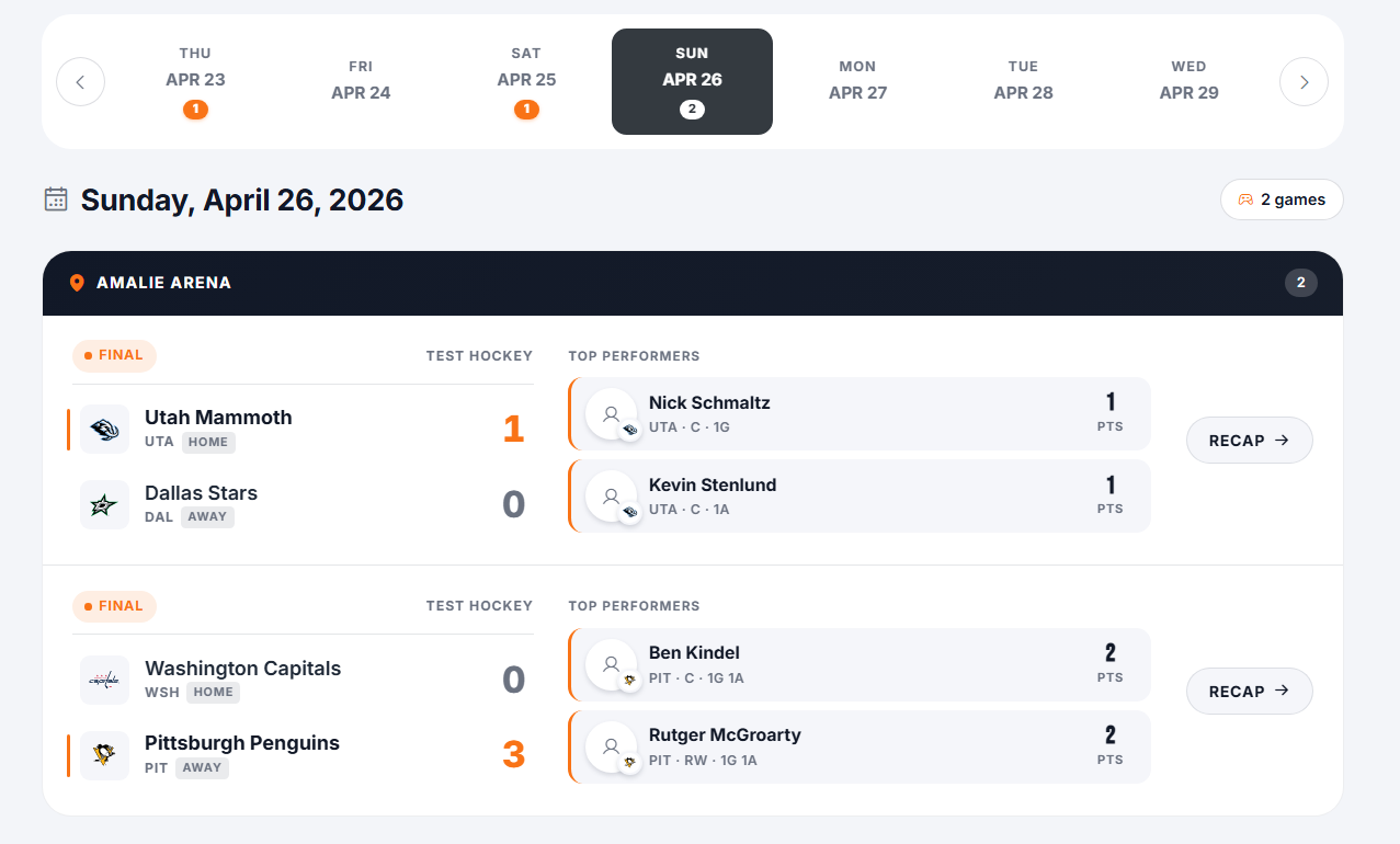 leaguearc public results page with final scores, top performers, and game recaps