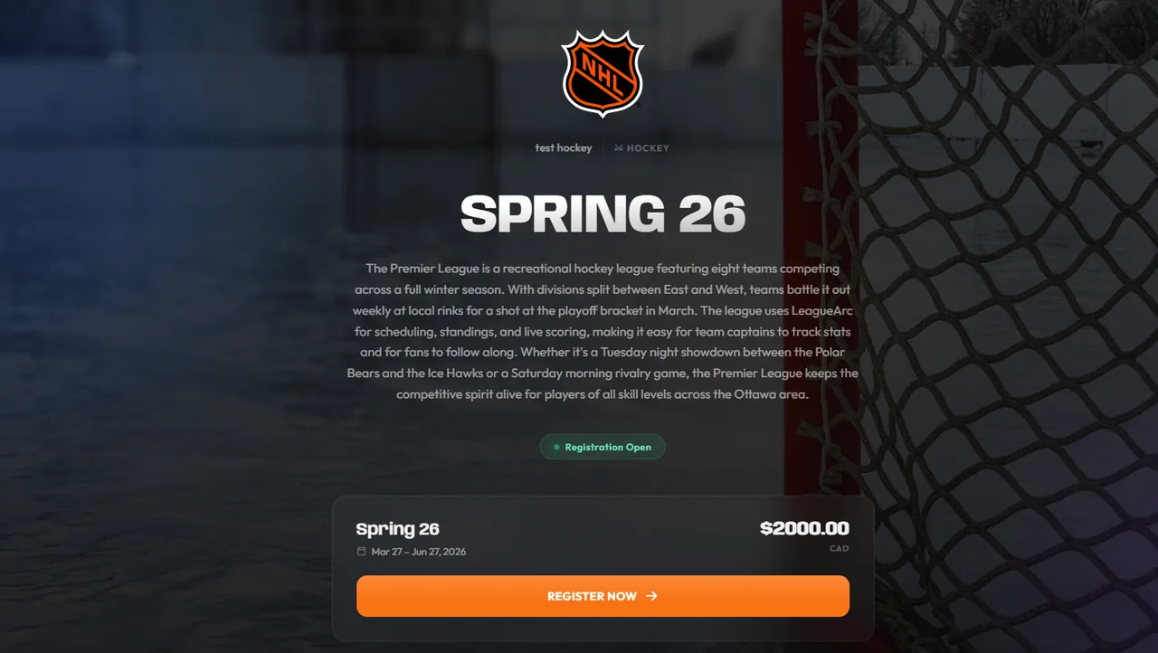 LeagueArc public sports registration page showing season details and registration options