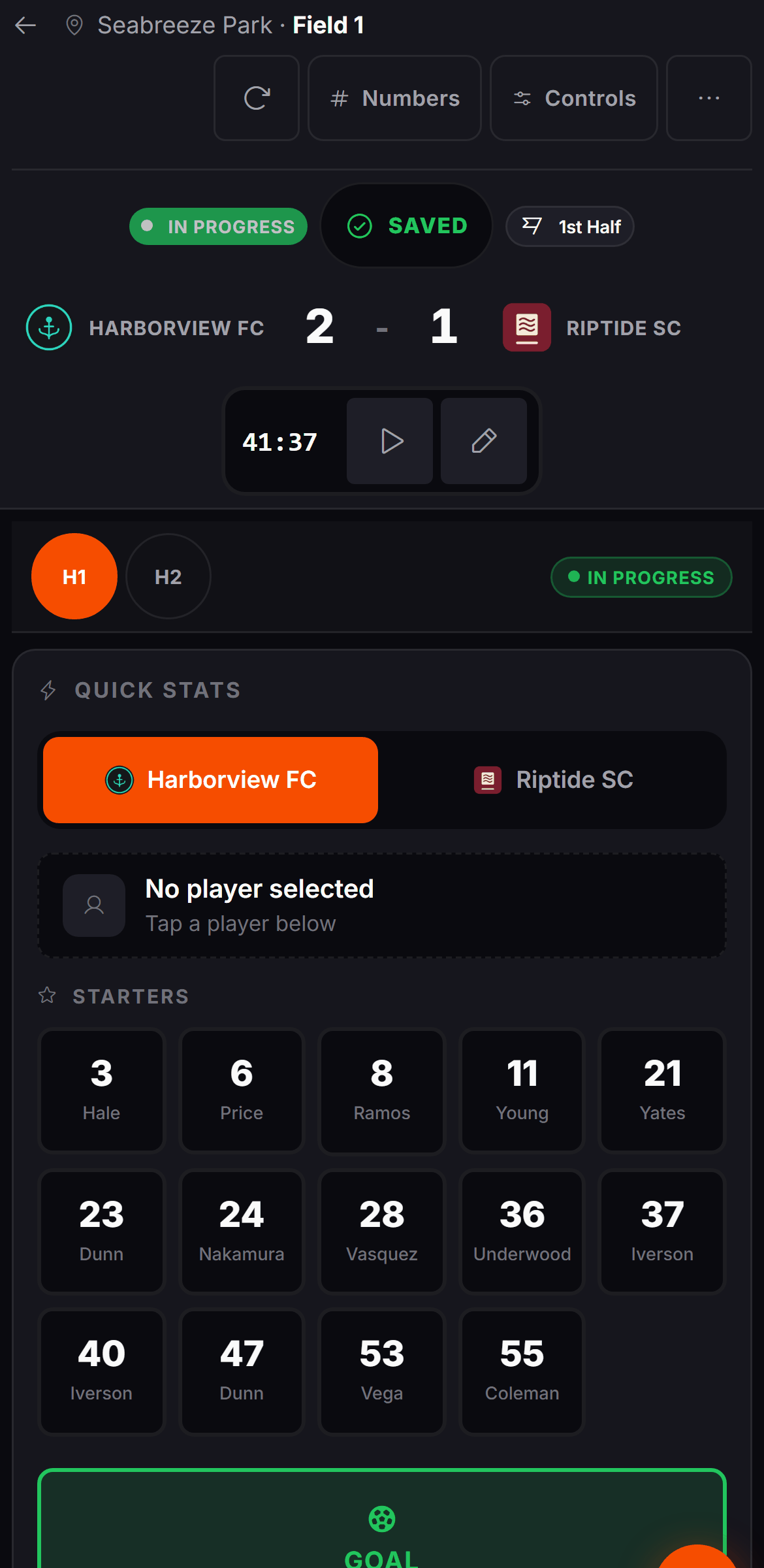 LeagueArc live scoring console on a phone during a sample soccer game