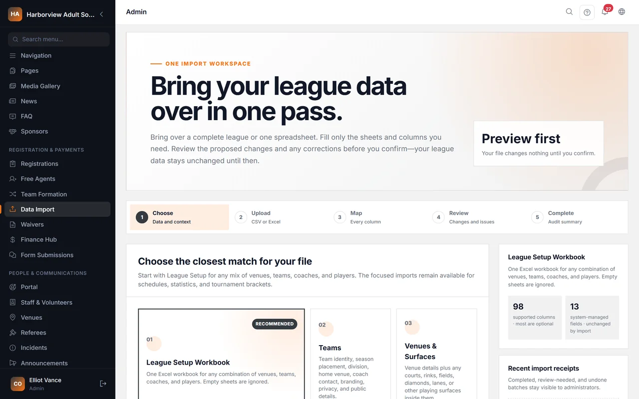 LeagueArc data import workflow used to preview sports league files