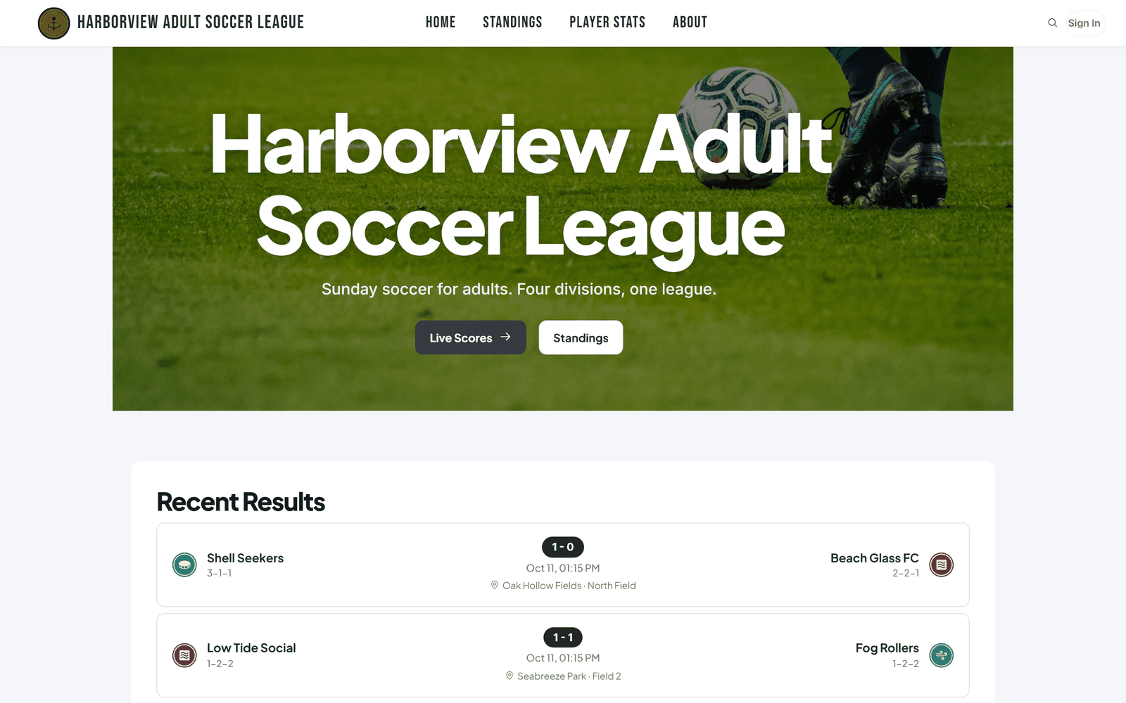 A sample league homepage built with LeagueArc, with a photo header, live scores and standings buttons and recent results